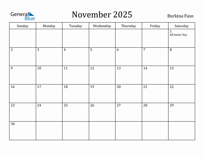 November 2025 Calendar Burkina Faso