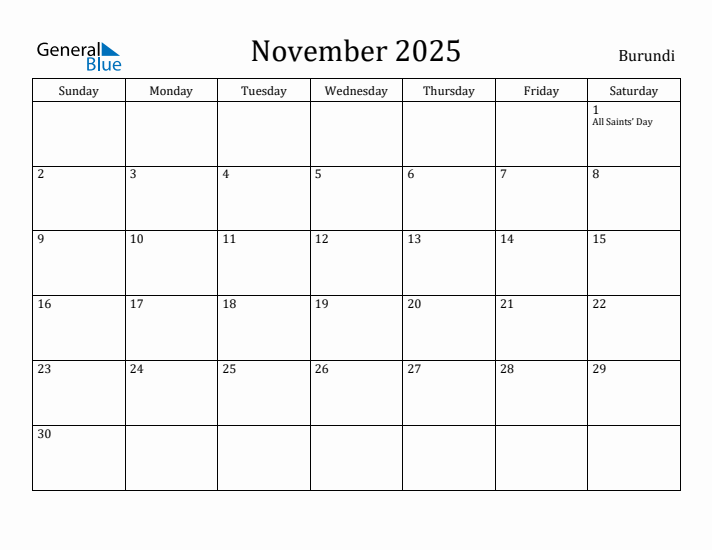 November 2025 Calendar Burundi
