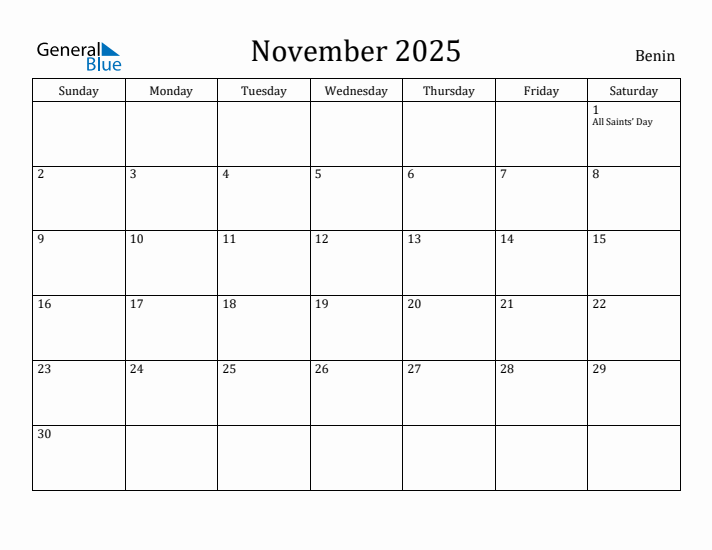 November 2025 Calendar Benin