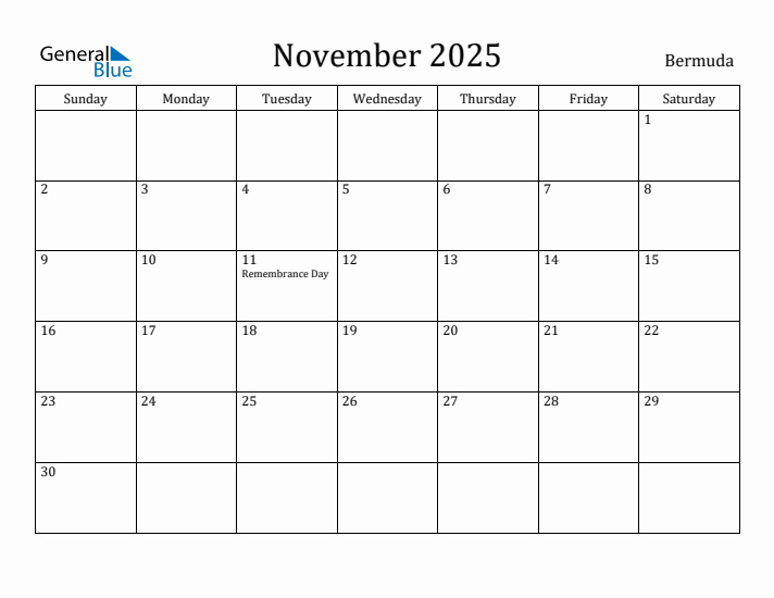 November 2025 Calendar Bermuda