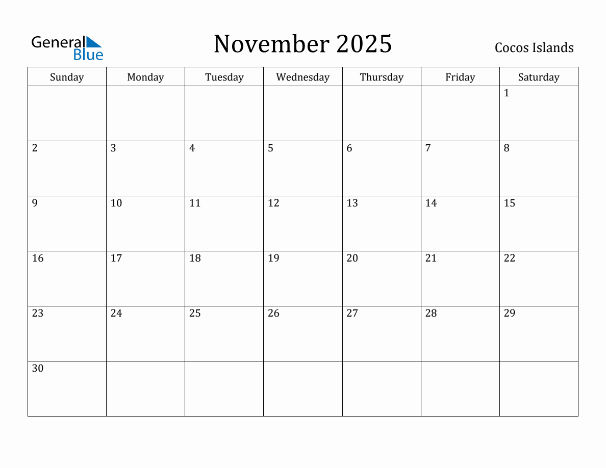 November 2025 Monthly Calendar with Cocos Islands Holidays