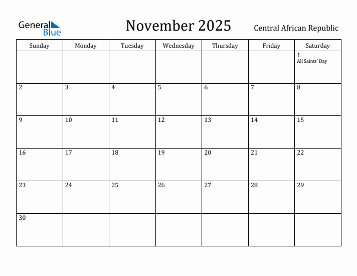 November 2025 Calendar Central African Republic