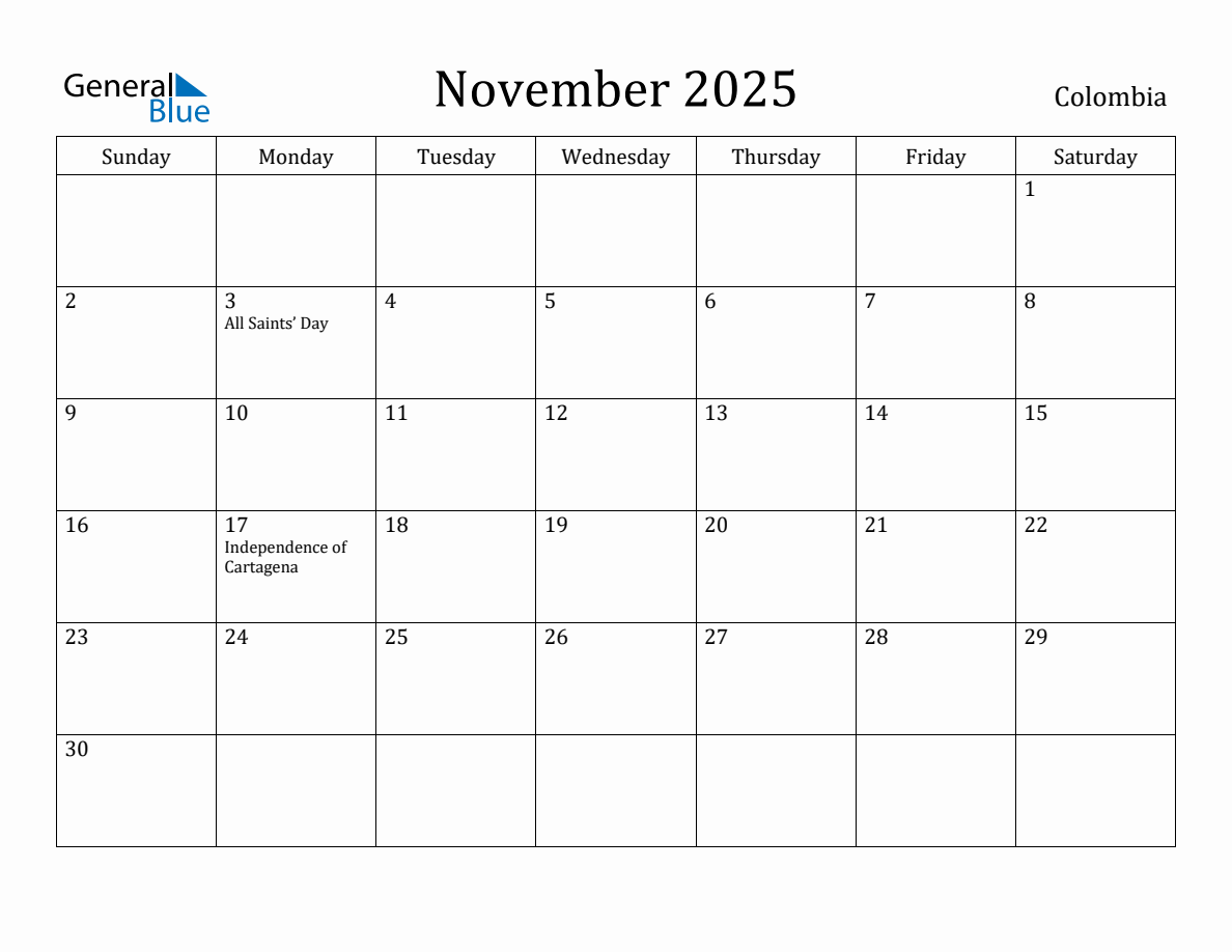 November 2025 Monthly Calendar with Colombia Holidays