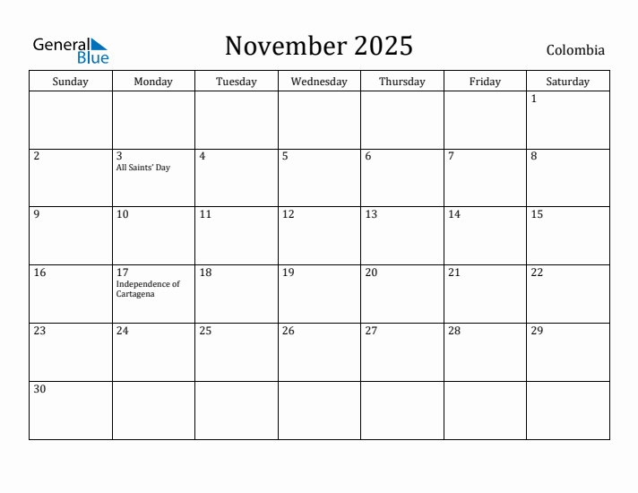 November 2025 Calendar Colombia