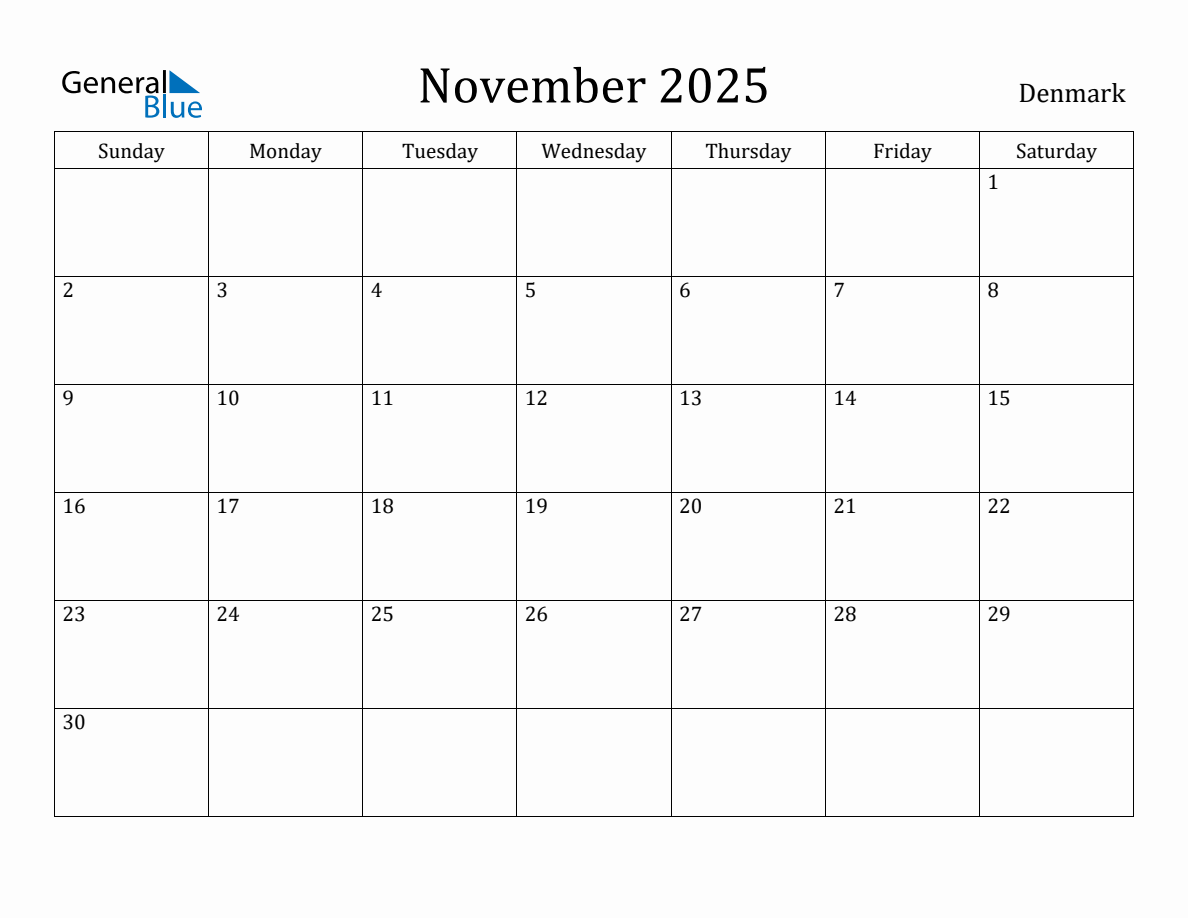 November 2025 Monthly Calendar with Denmark Holidays