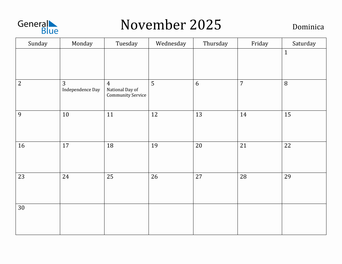 November 2025 Monthly Calendar with Dominica Holidays