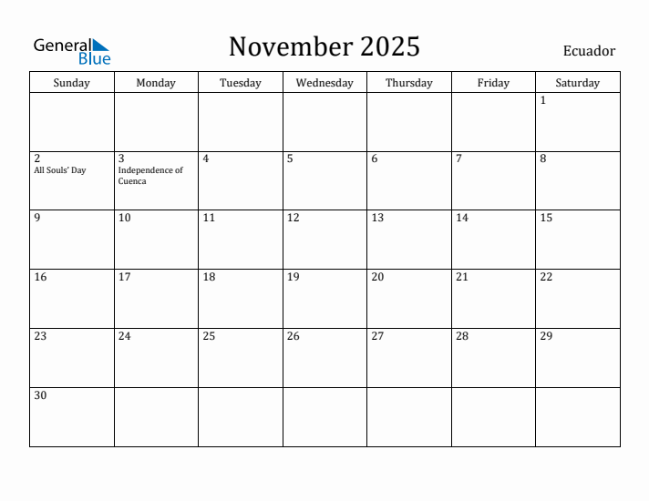 November 2025 Calendar Ecuador