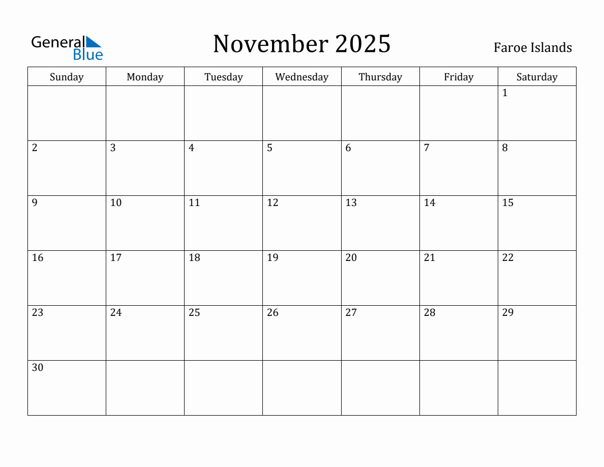 November 2025 Monthly Calendar with Faroe Islands Holidays