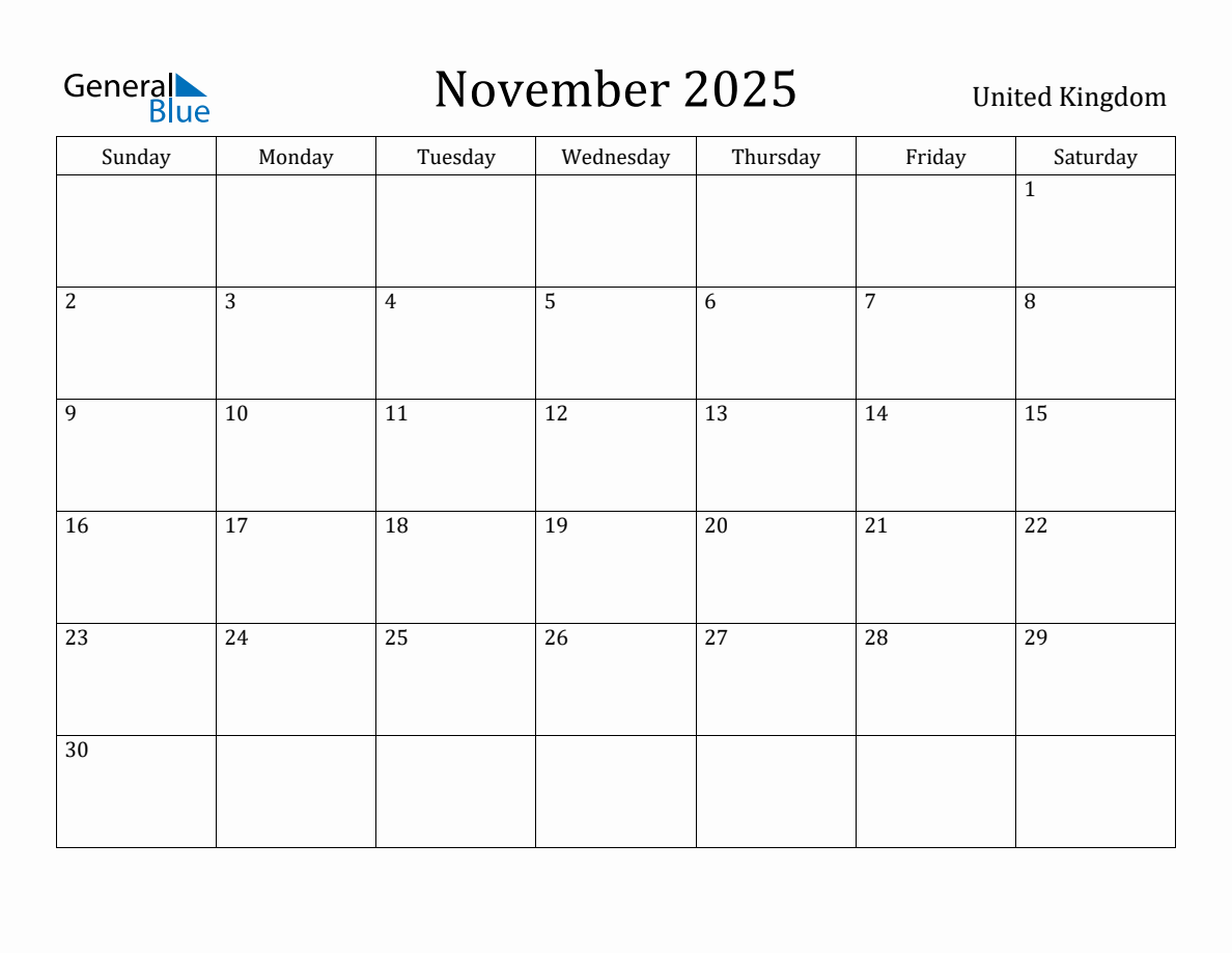 November 2025 Monthly Calendar with United Kingdom Holidays