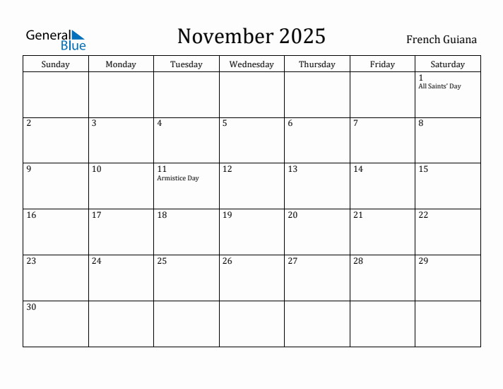 November 2025 Calendar French Guiana