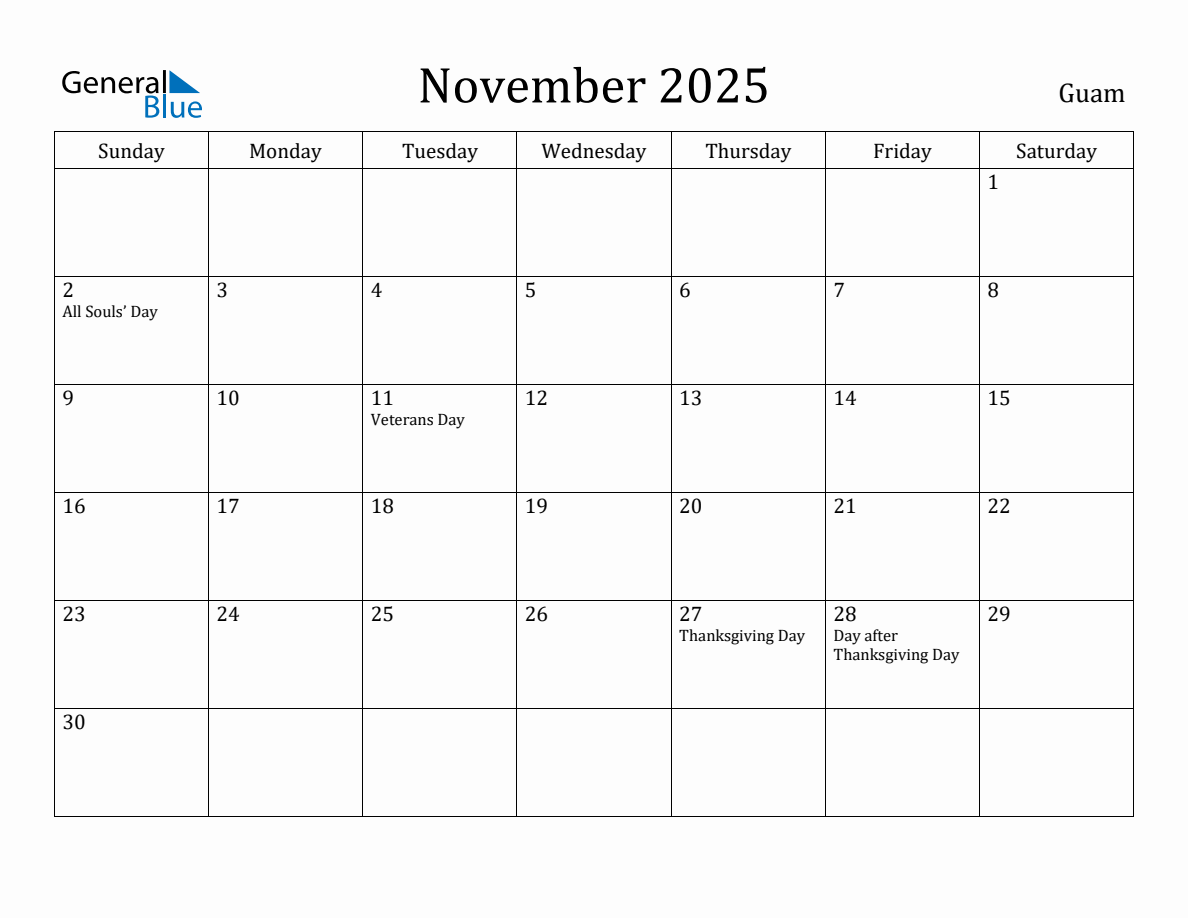 November 2025 Monthly Calendar with Guam Holidays