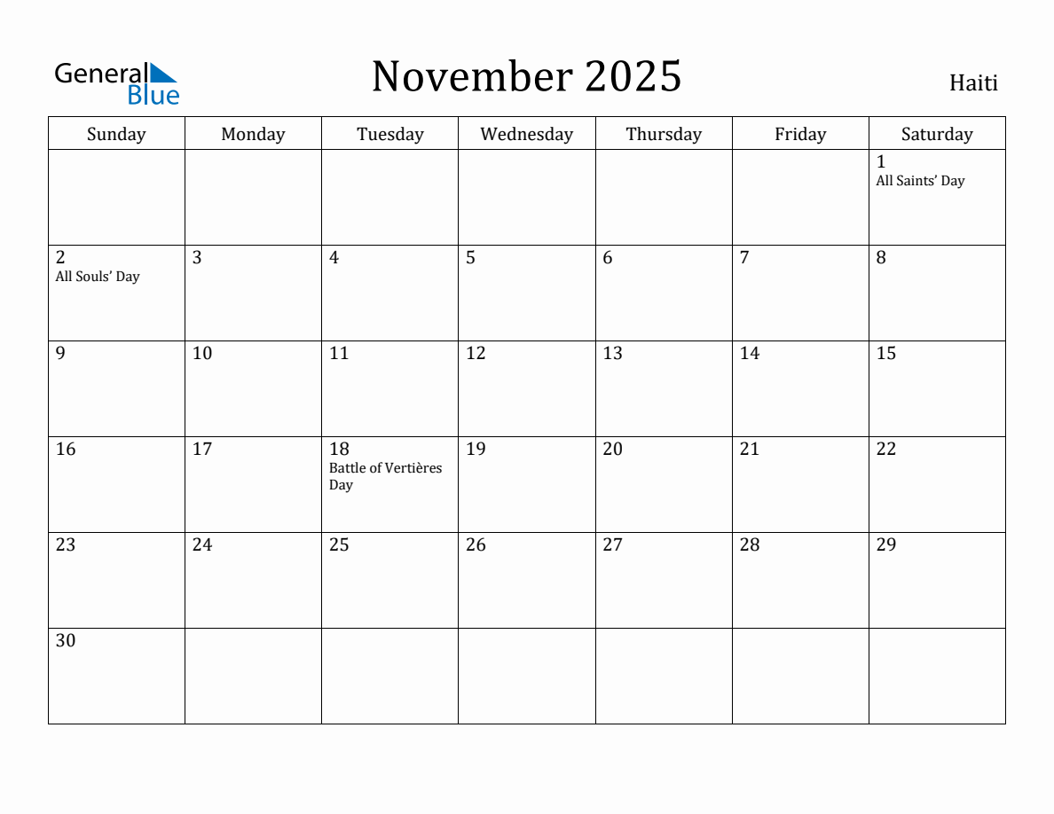 November 2025 Monthly Calendar with Haiti Holidays