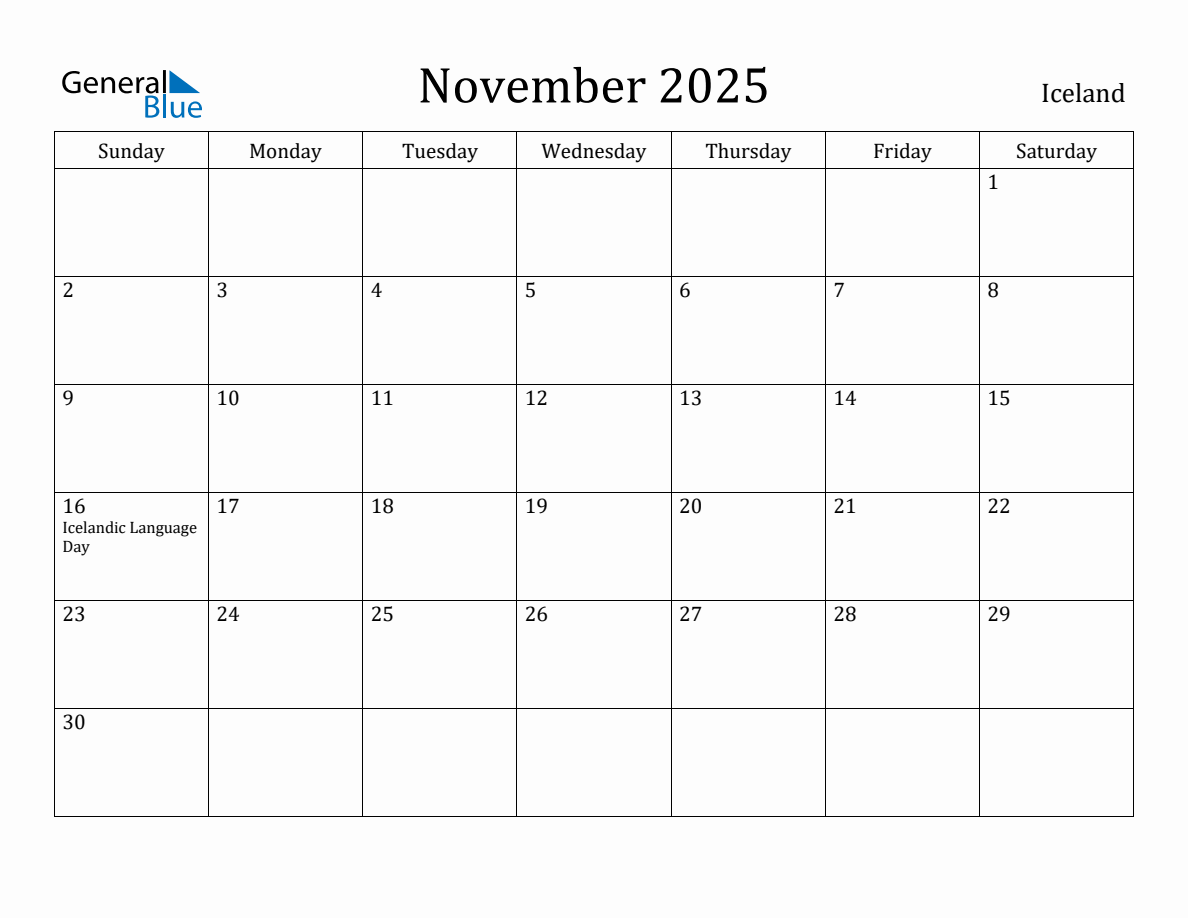 November 2025 Monthly Calendar with Iceland Holidays