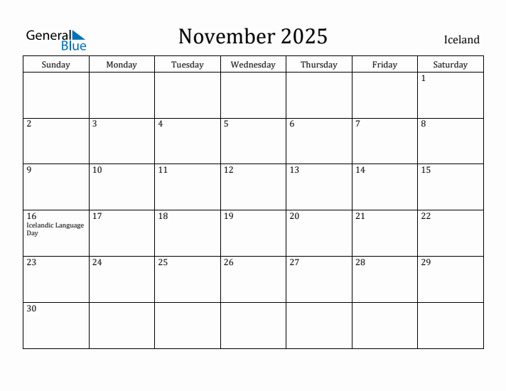November 2025 Calendar Iceland