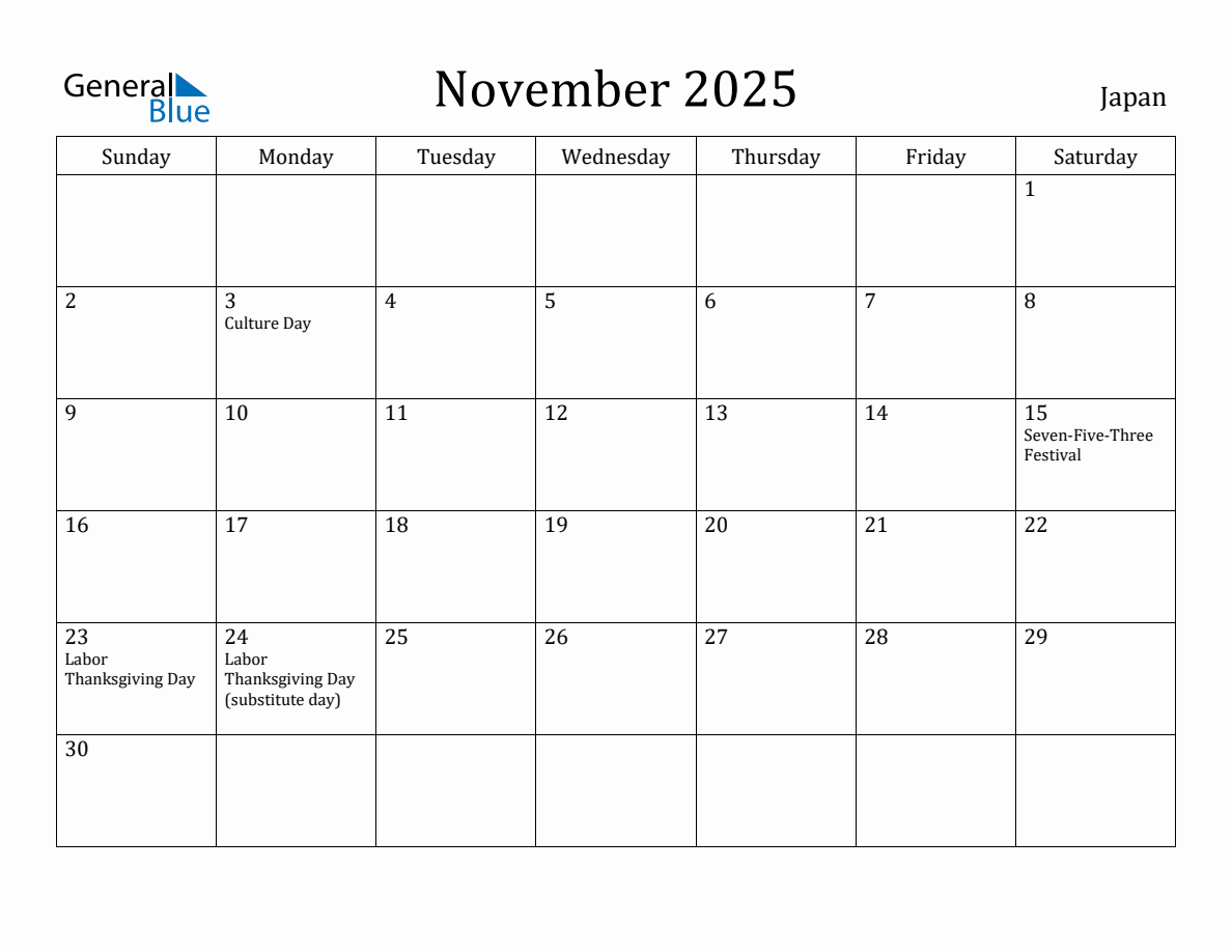 November 2025 Monthly Calendar with Japan Holidays