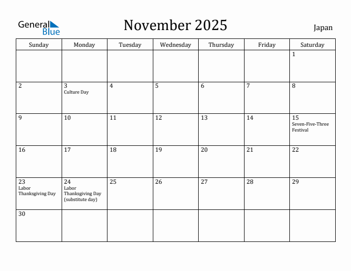 November 2025 Calendar Japan