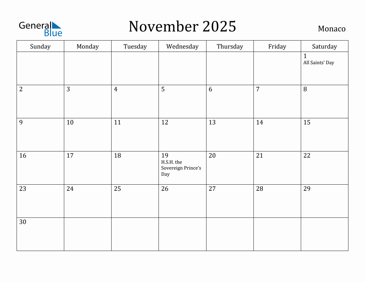 November 2025 Monthly Calendar with Monaco Holidays