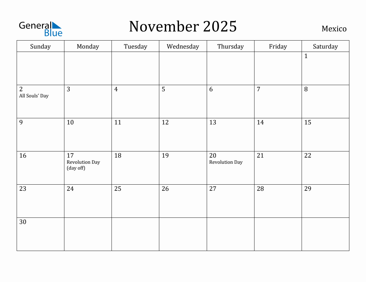 November 2025 Monthly Calendar with Mexico Holidays