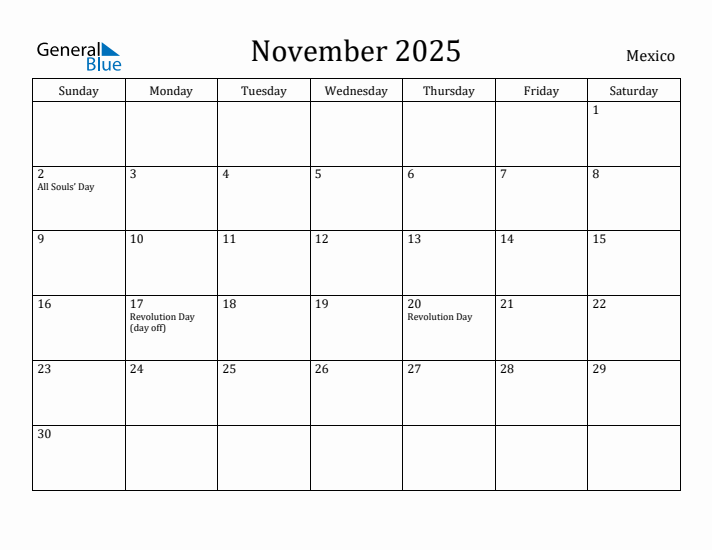 November 2025 Calendar Mexico