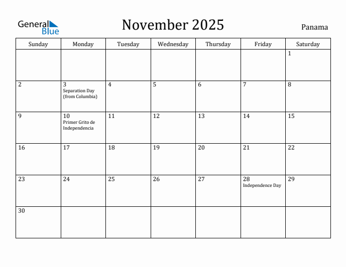 November 2025 Calendar Panama
