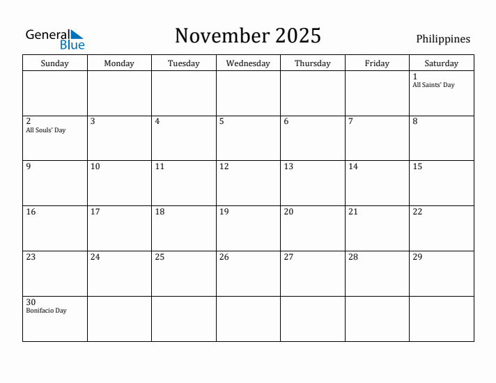 November 2025 Monthly Calendar with Philippines Holidays