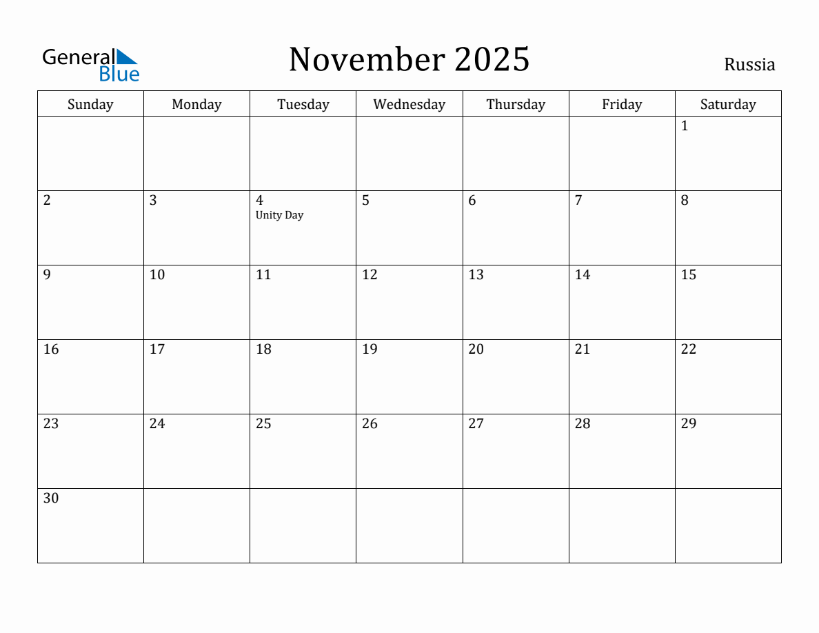 November 2025 Monthly Calendar with Russia Holidays