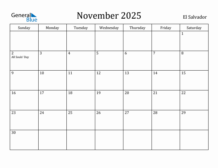 November 2025 Calendar El Salvador