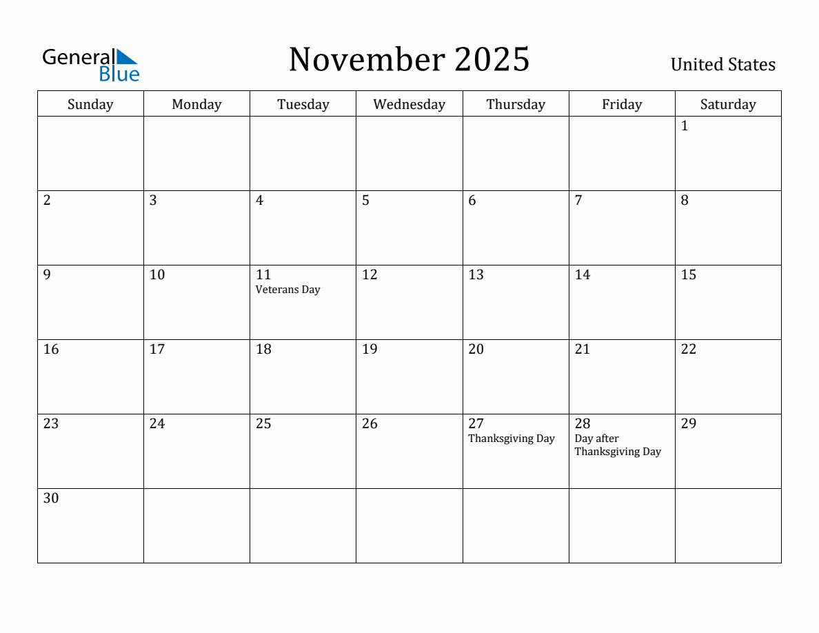 November 2025 Monthly Calendar with United States Holidays