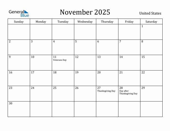 November 2025 Calendar United States