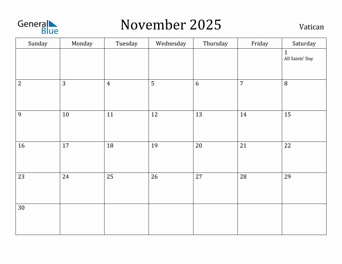 November 2025 Monthly Calendar with Vatican Holidays