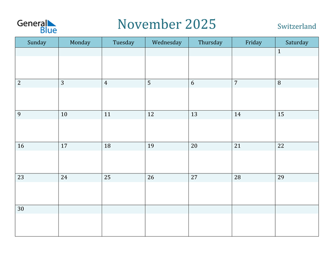 Switzerland November 2025 Calendar with Holidays