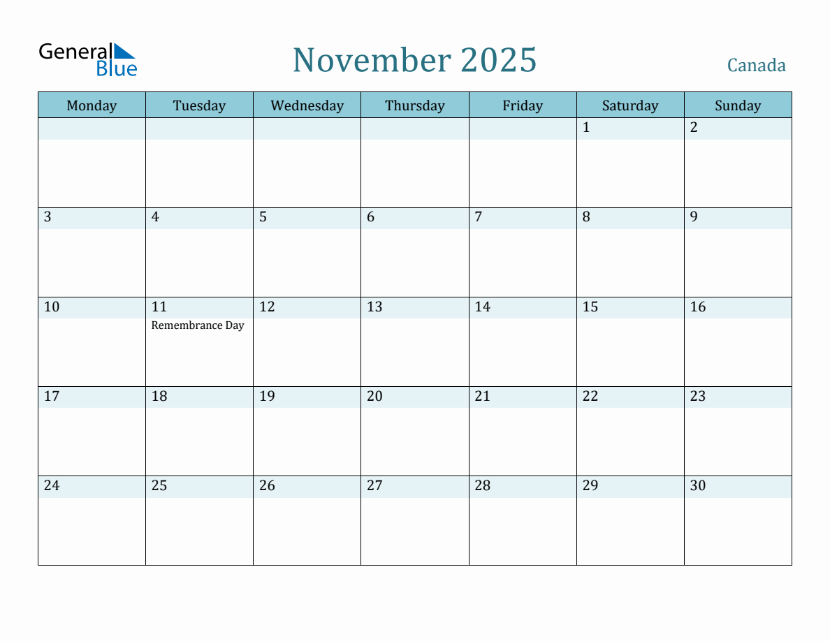 Canada Holiday Calendar for November 2025