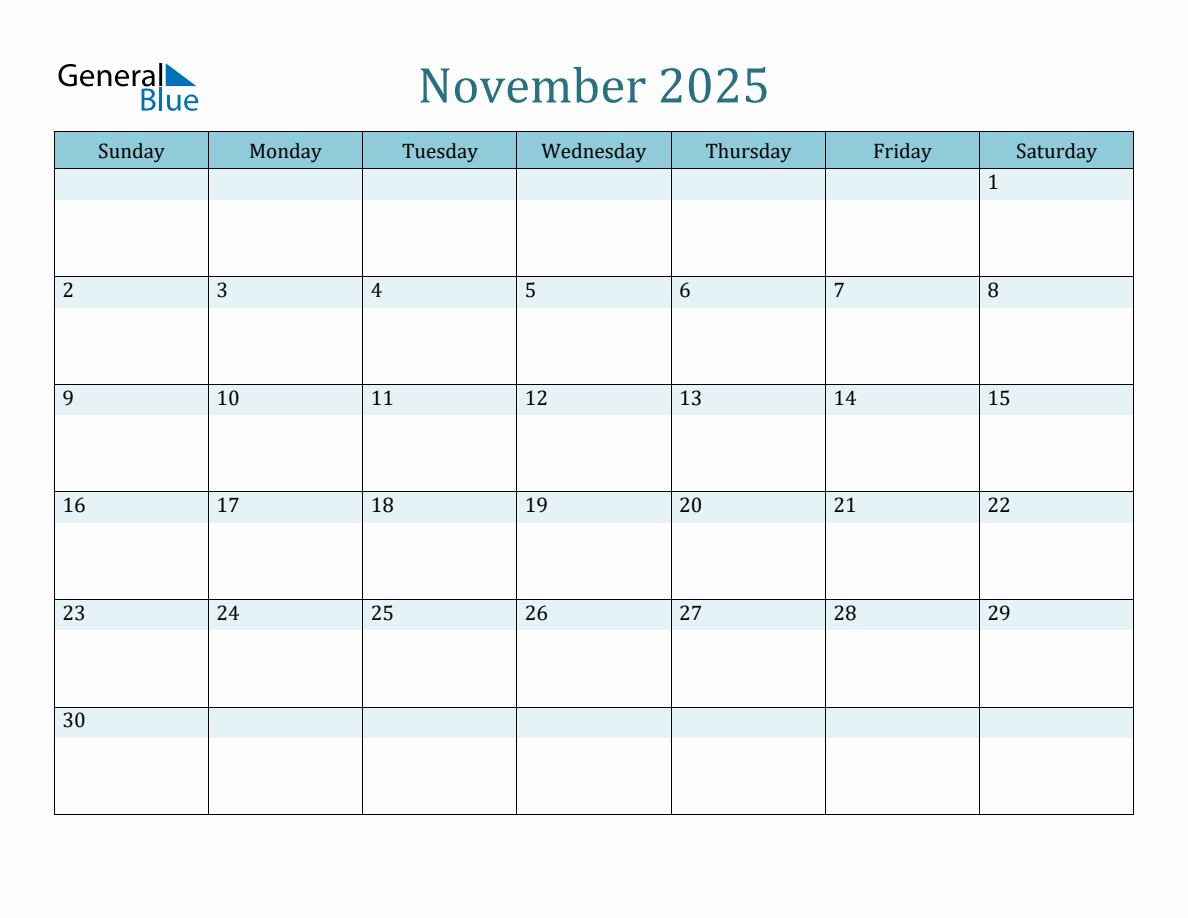 November 2025 Monthly Calendar Template (Sunday Start)