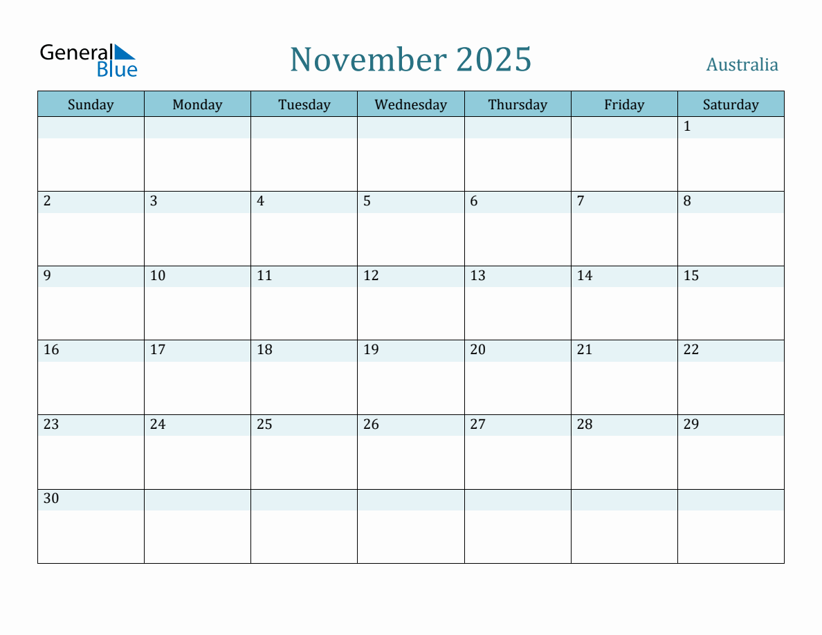 Australia Holiday Calendar for November 2025