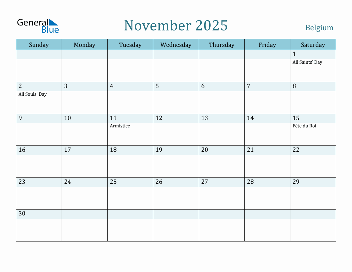 Belgium Holiday Calendar for November 2025