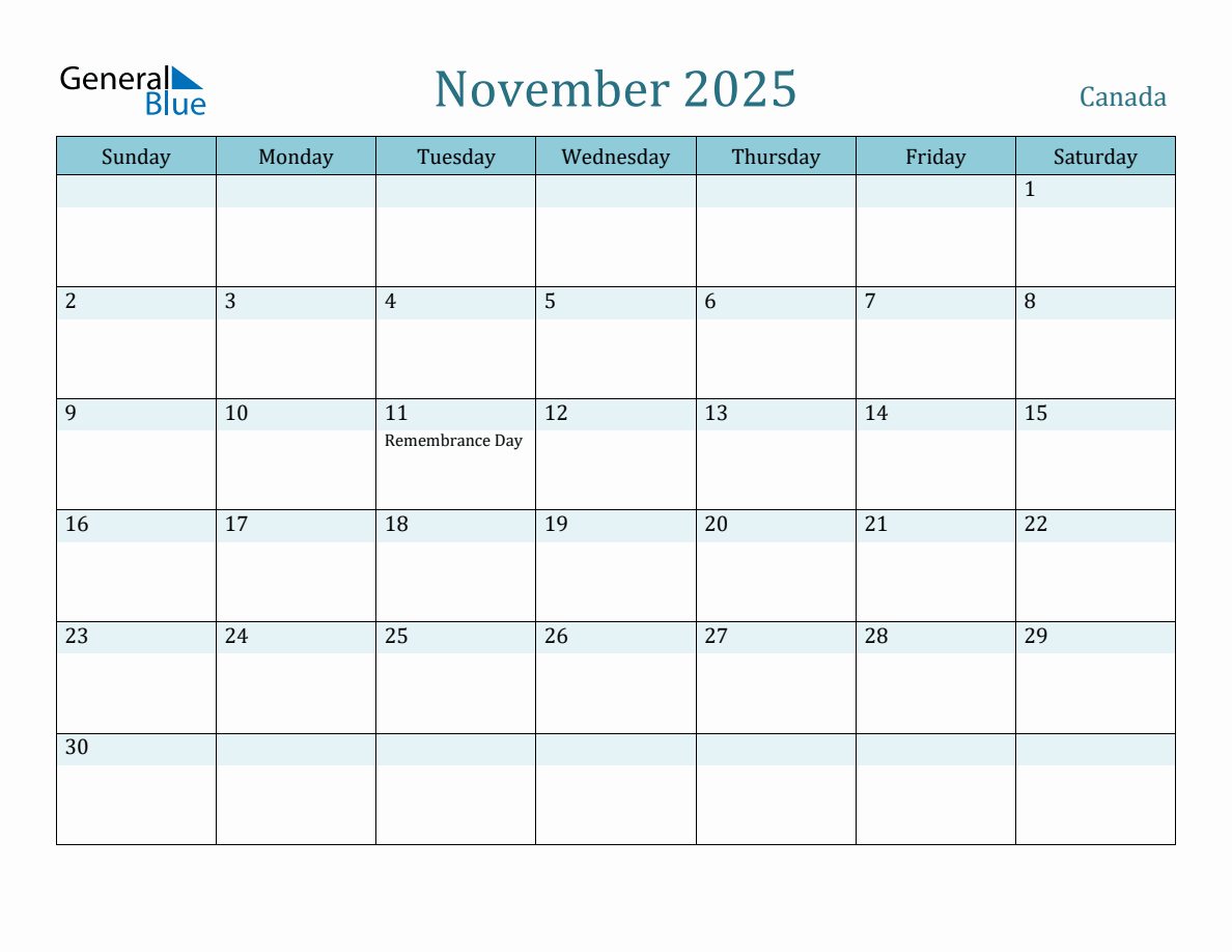 Canada Holiday Calendar for November 2025