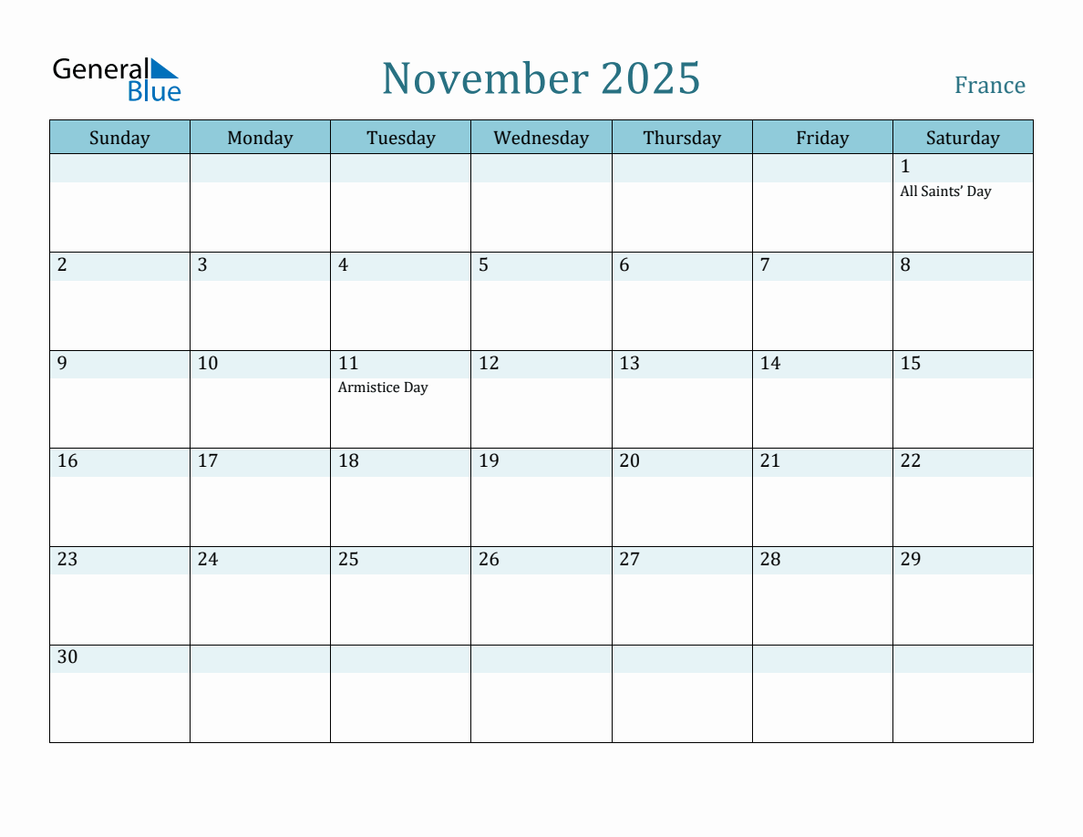 France Holiday Calendar for November 2025