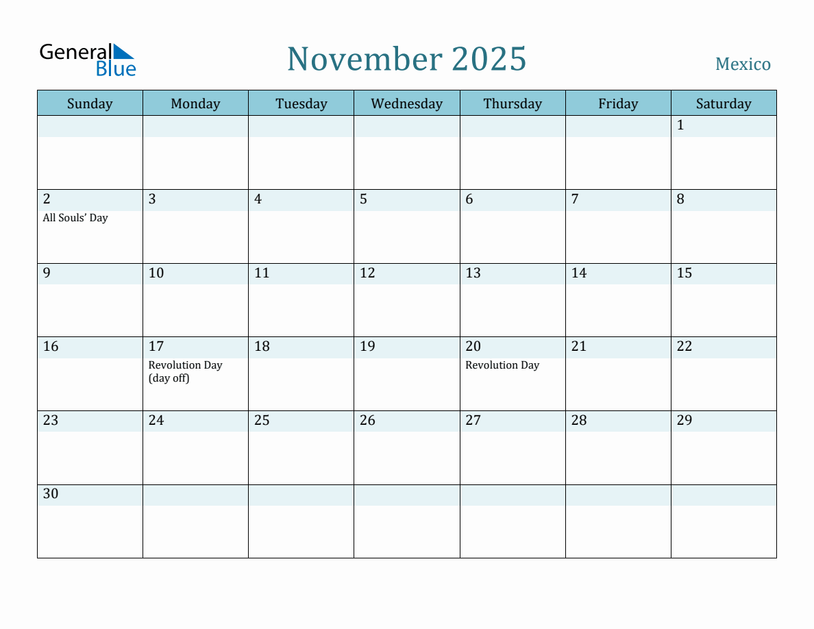 Mexico Holiday Calendar for November 2025