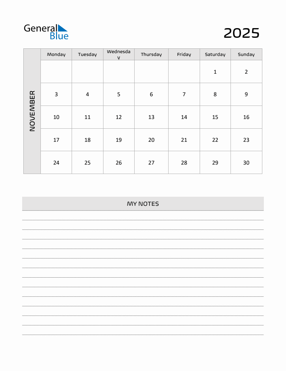 November 2025 Printable Monthly Calendar with Notes