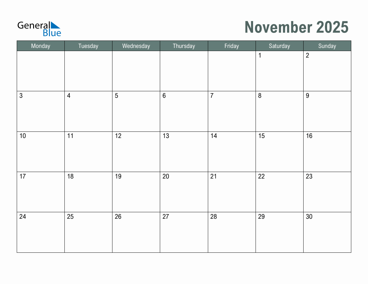 Blank November 2025 Monthly Calendar Template