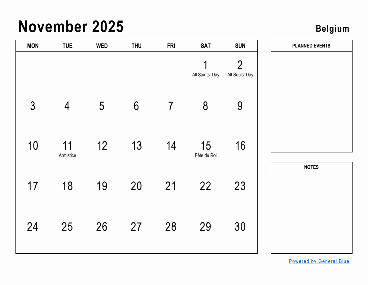 November 2025 Planner with Belgium Holidays