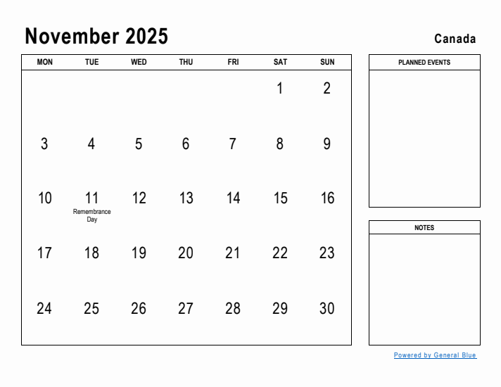 November 2025 Planner with Canada Holidays