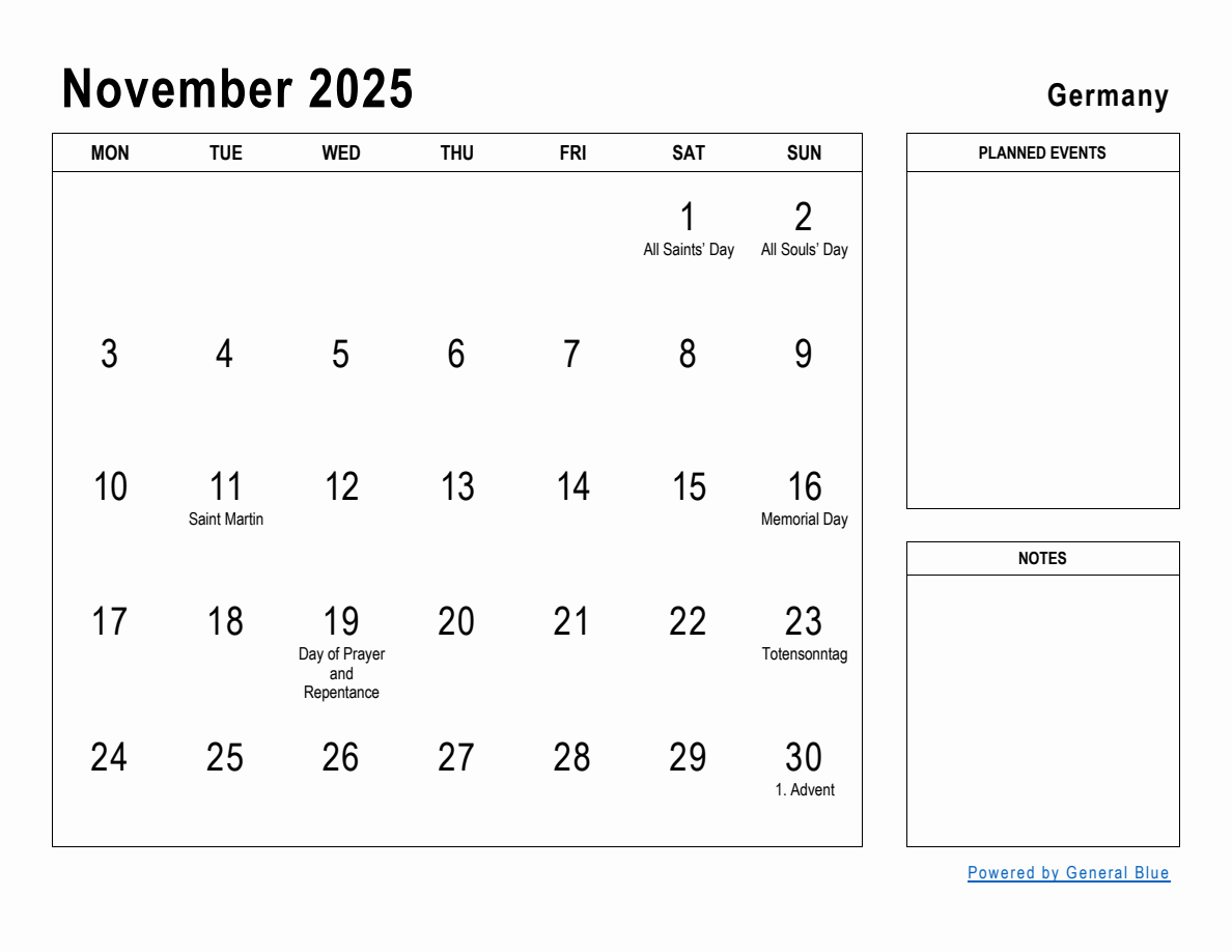 November 2025 Planner with Germany Holidays