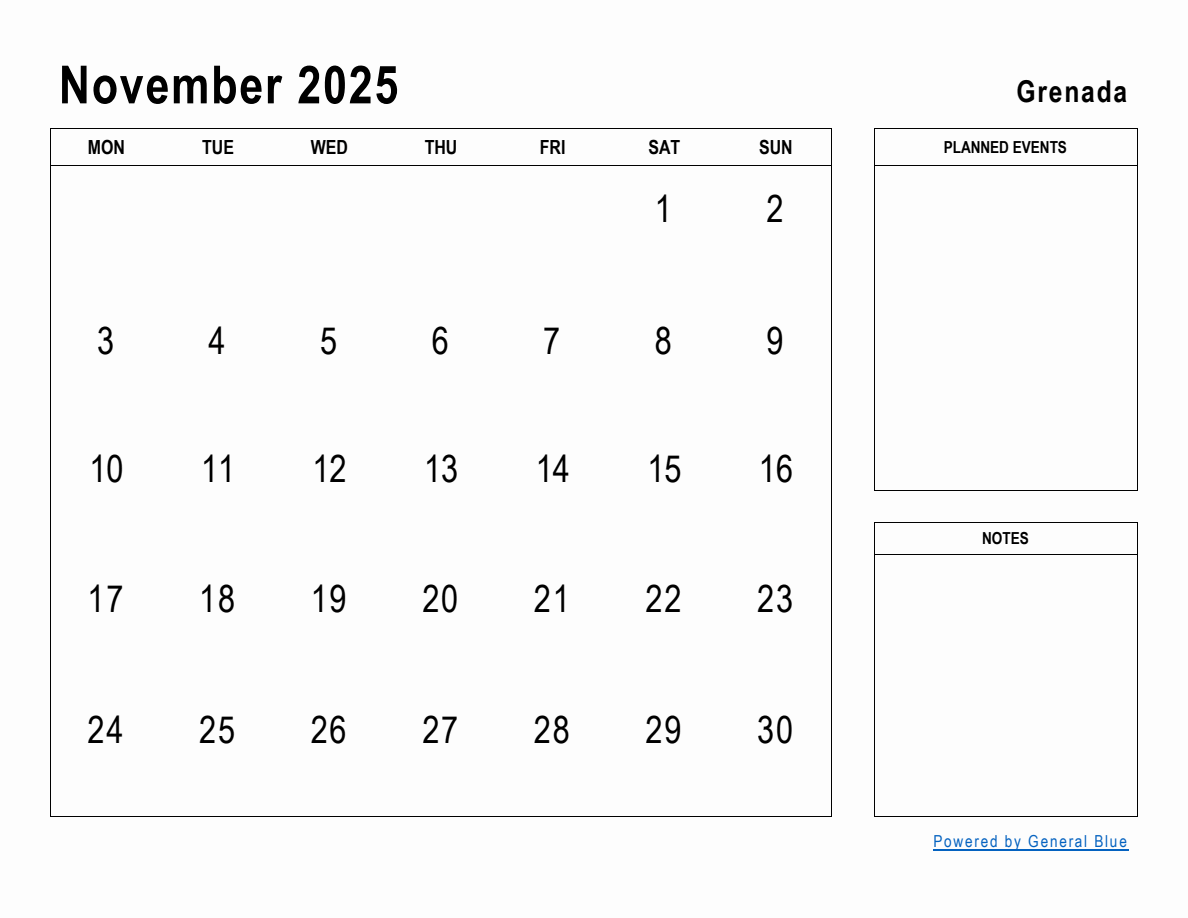 November 2025 Planner with Grenada Holidays