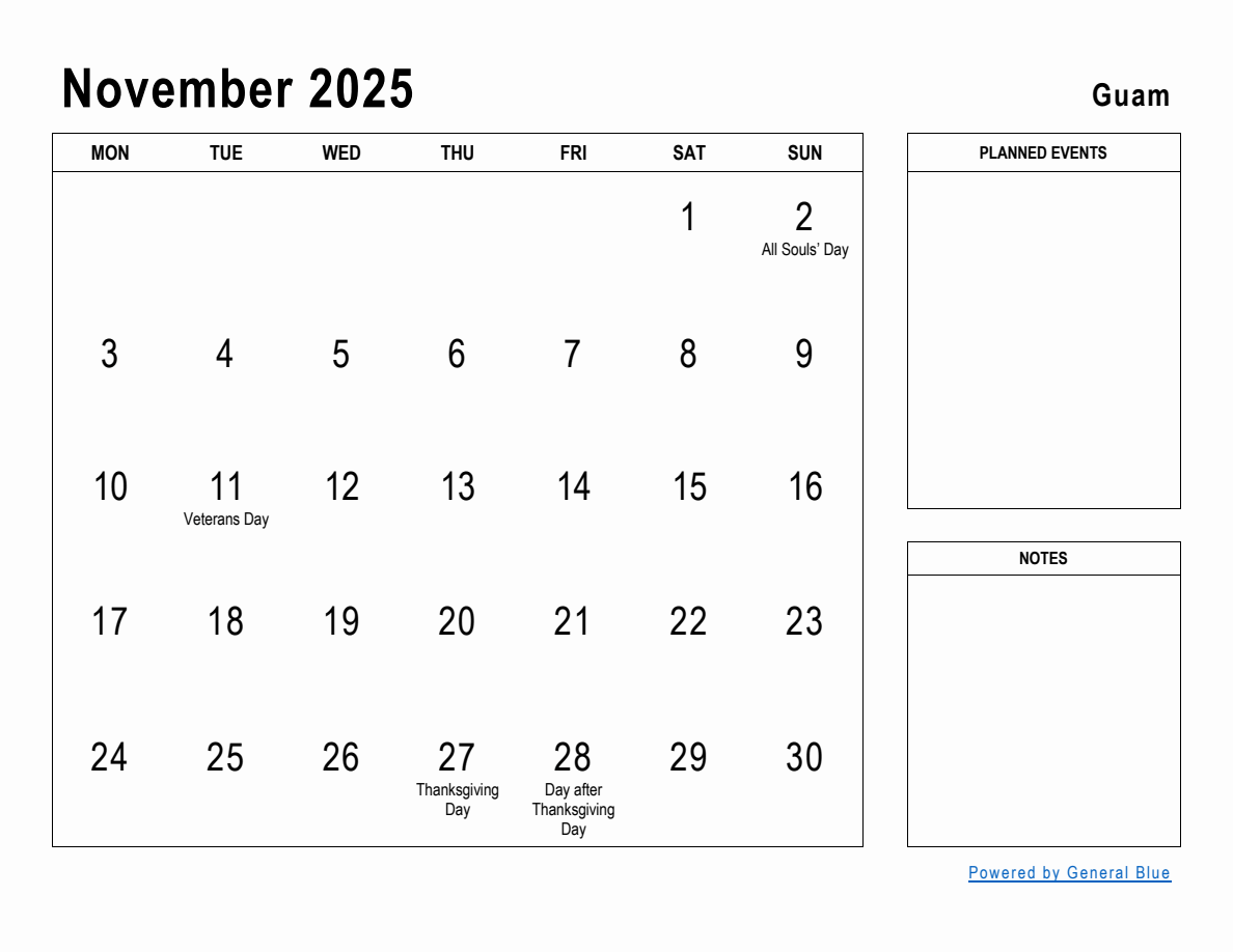 November 2025 Planner with Guam Holidays