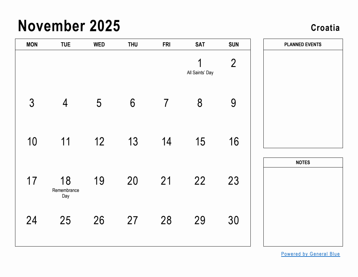 November 2025 Planner with Croatia Holidays