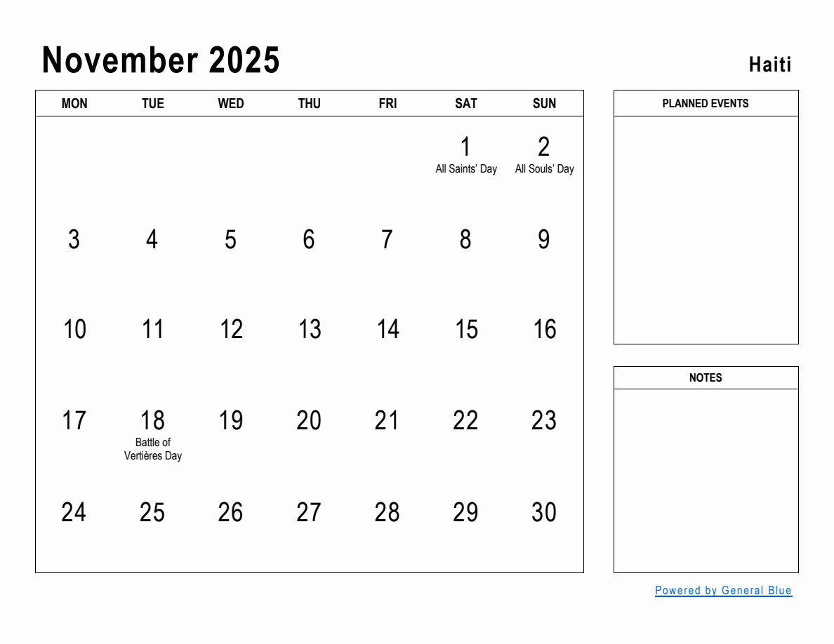 November 2025 Planner with Haiti Holidays