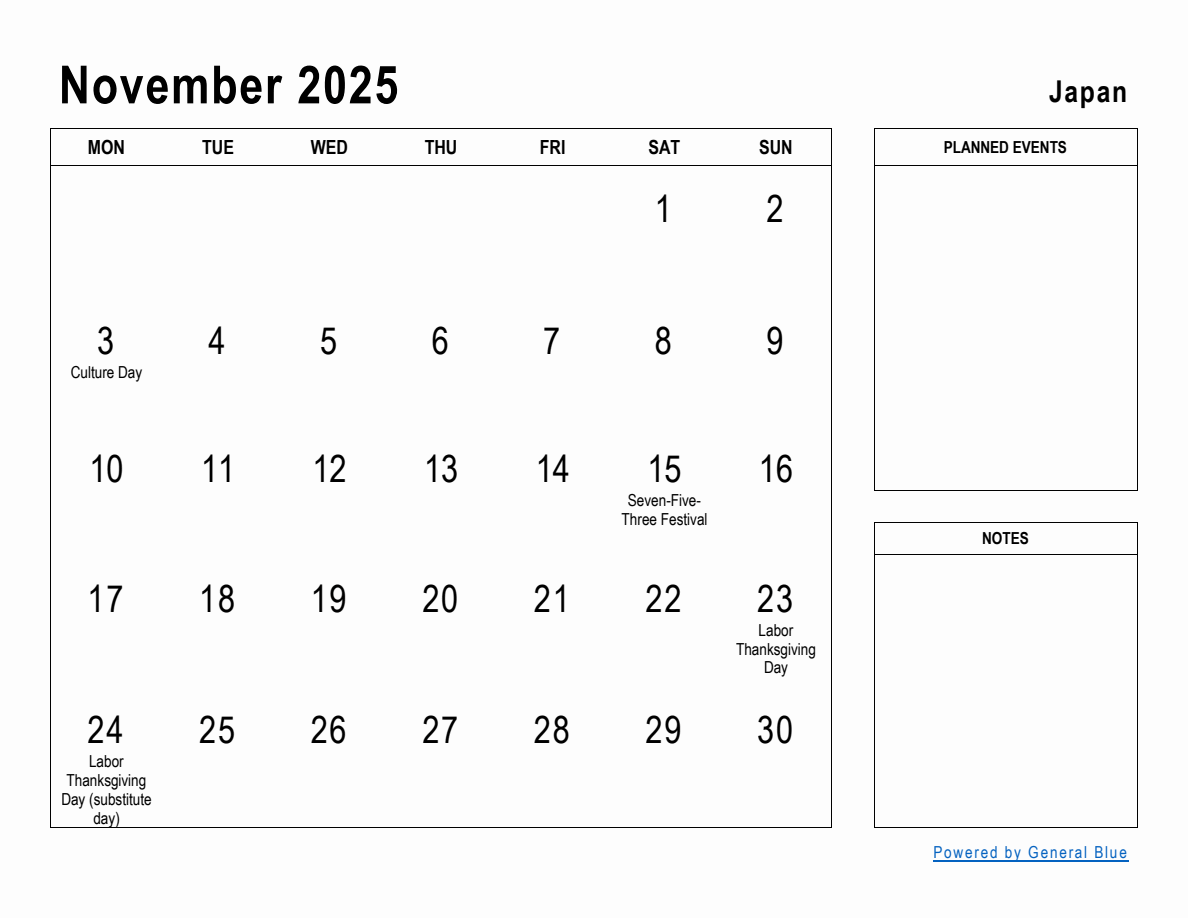 November 2025 Planner with Japan Holidays