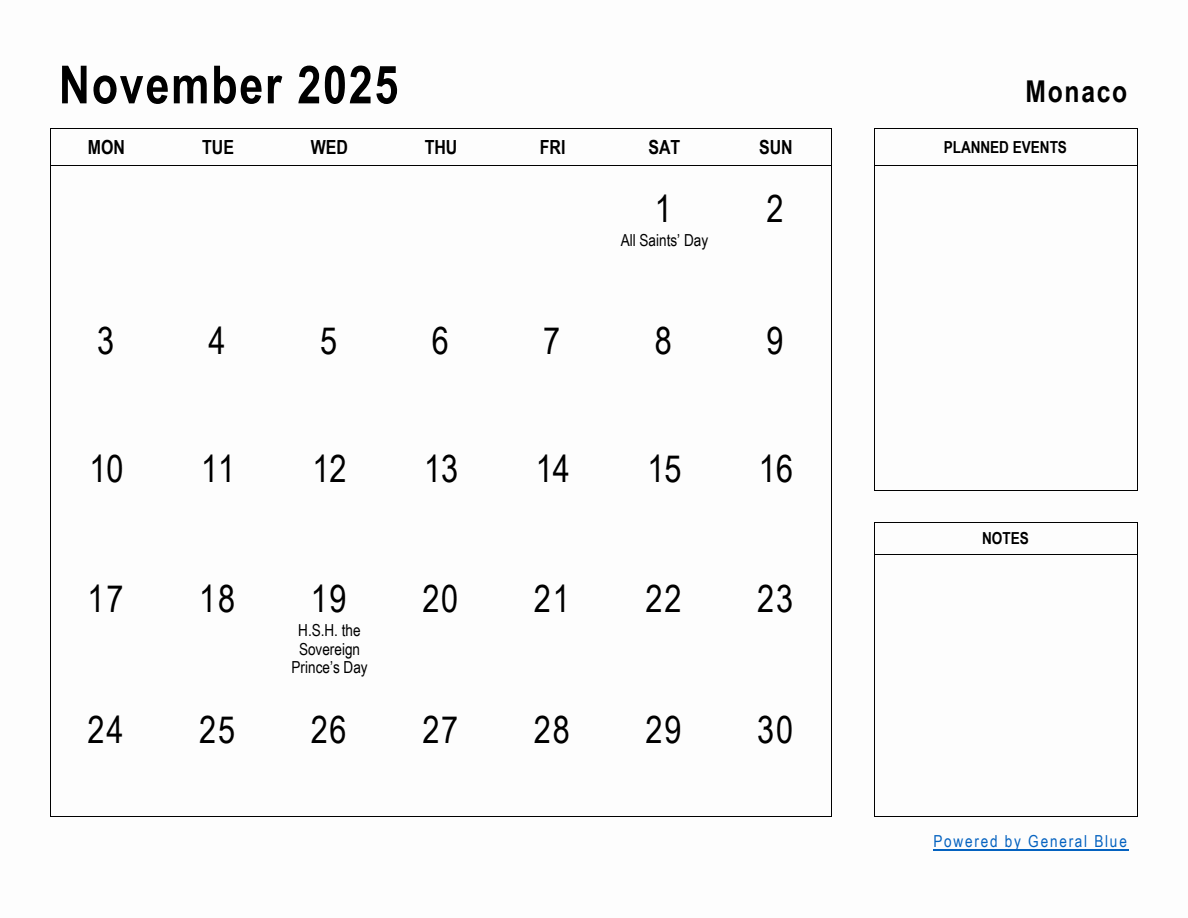 November 2025 Planner with Monaco Holidays