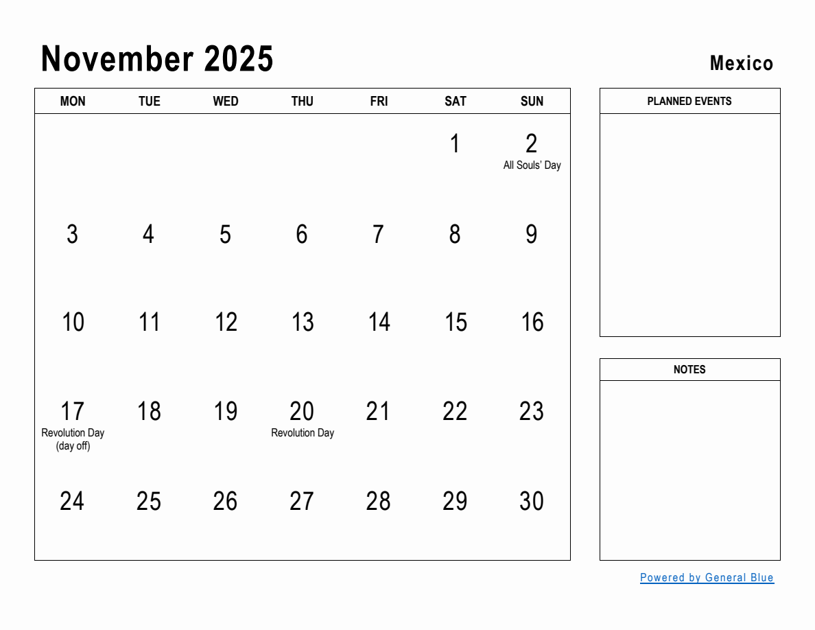 November 2025 Planner with Mexico Holidays